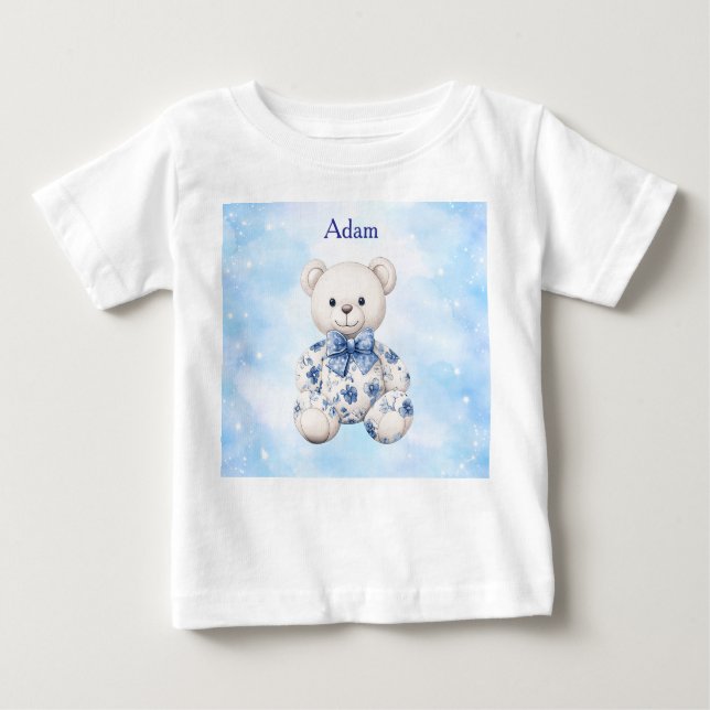 Camiseta De Bebé T-Shirt-Editable Blue Chinoserie  Baby Shower  (Anverso)