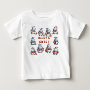 CAMISETA DE BEBÉ T-SHIRT FUNNY HIPPO QUIERO UN REGALO PARA LOS NIÑO