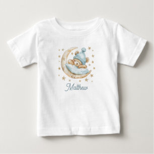 Camiseta De Bebé Teddy Bear Boy Baby Moon Stars Nombre Azul