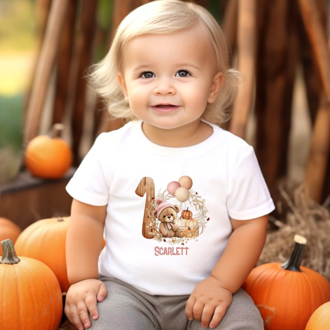 Camiseta De Bebé Teddy Bear Fall Beary 1er cumpleaños Chica (Teddy Bear Fall Beary 1st Birthday Girl Baby T-Shirt)