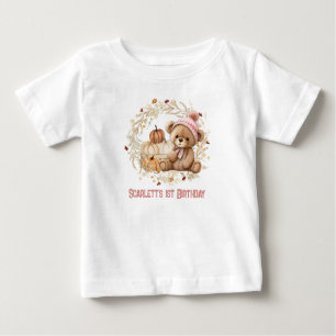 Camiseta De Bebé Teddy Bear Fall Primer Cumpleaños Calabazas Nombre