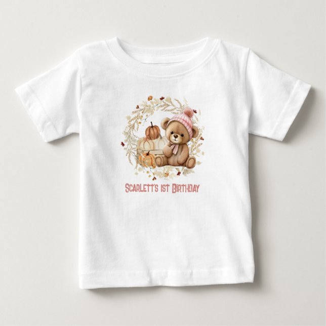 Camiseta De Bebé Teddy Bear Fall Primer Cumpleaños Calabazas Nombre (Anverso)
