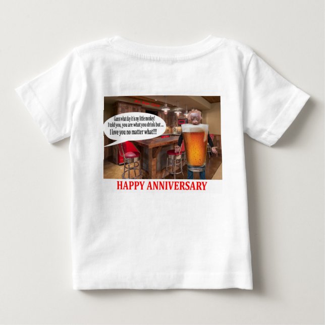 Camiseta De Bebé tee de bebé. Feliz aniversario. Cerveza orangután (Reverso)