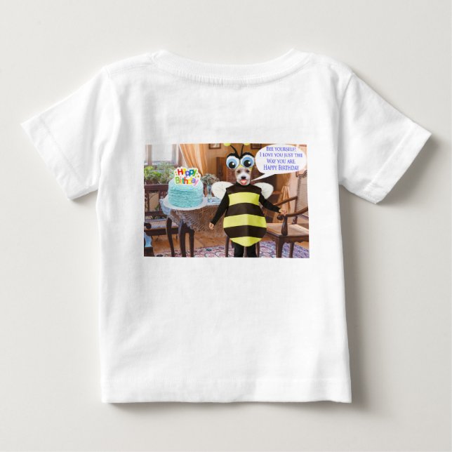 Camiseta De Bebé tee de bebé. Feliz cumpleaños. Perro de abejas (Reverso)