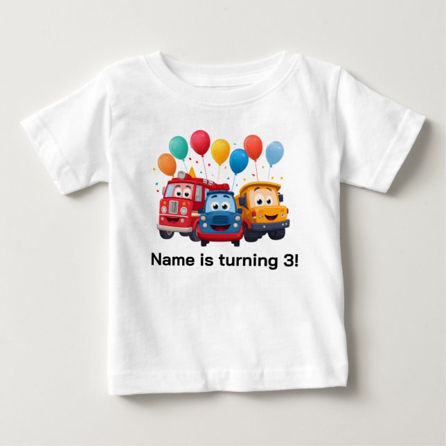Camiseta De Bebé Tema de Cumpleaños de Camión con Rayas Azules (Anverso)
