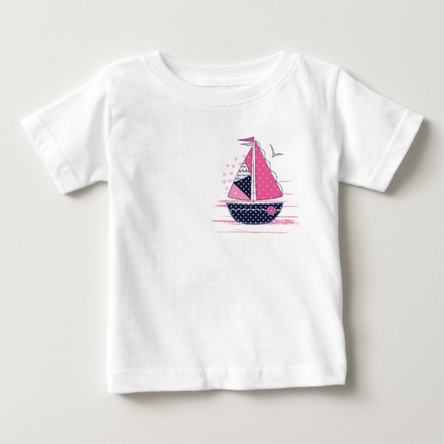 Camiseta De Bebé Tema Marino Femenino Vela Barco Rosa Lunares Vela (Anverso)