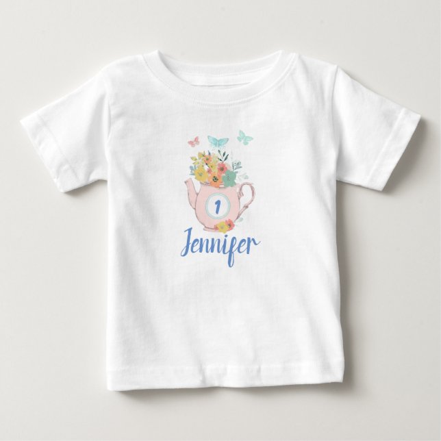 Camiseta De Bebé Tetera rosa con flores y mariposas Cumpleaños (Anverso)