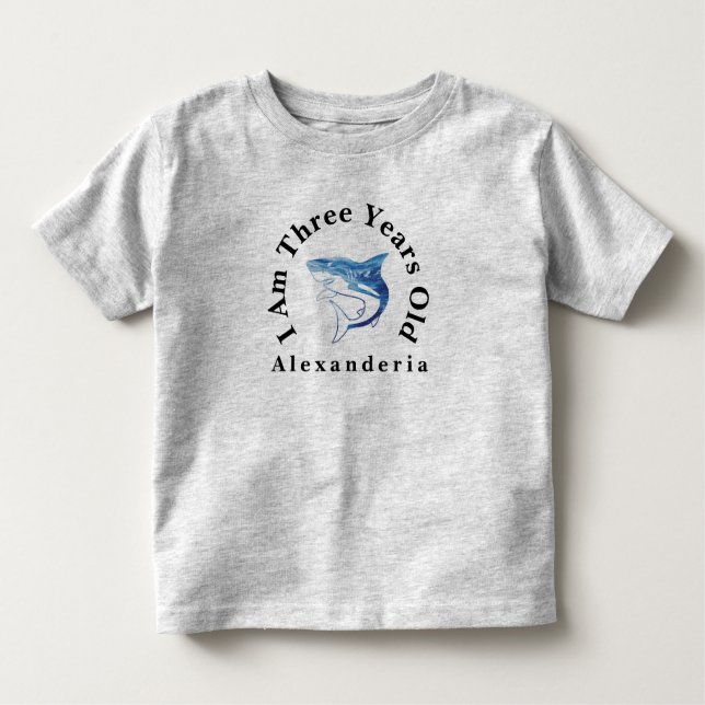 Camiseta De Bebé Tiburón azul Cumpleaños agrega nombre, Tengo 3 año (Anverso)
