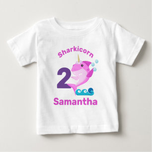 Camiseta De Bebé Tiburón Bebé Unicornio Rosa Nombre Edad Personaliz