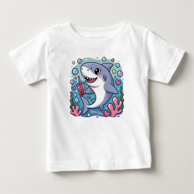 Camiseta De Bebé Tiburón Kawaii Adorable Bebiendo Té de Boba Vibrac (Anverso)