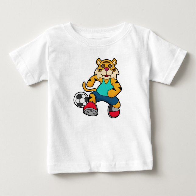 Camiseta De Bebé Tigre como jugador de fútbol con balón de fútbol (Anverso)