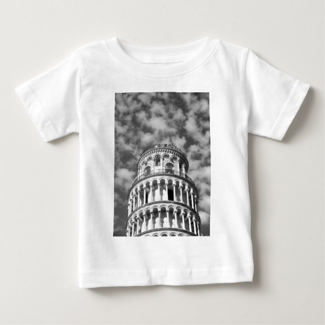 Camiseta De Bebé Torre de Pisa Italia de inclinación blanca negra (Anverso)