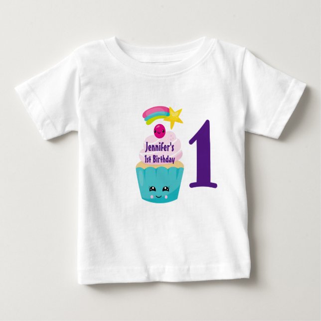 Camiseta De Bebé Torta azul dulce con cara de Kawaii primer cumplea (Anverso)