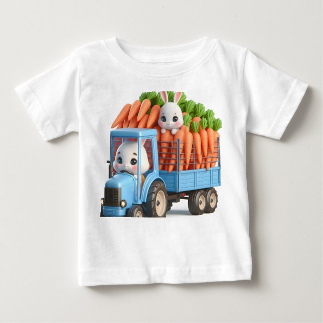 Camiseta De Bebé Tractor azul con conejo y zanja (Anverso)