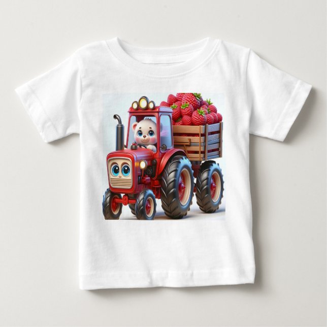 Camiseta De Bebé Tractor rojo con oso y frambuesas (Anverso)