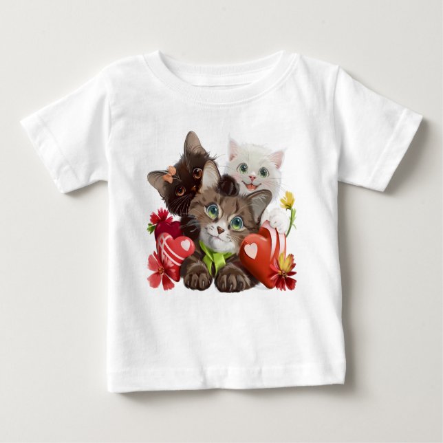 Camiseta De Bebé Tres gatitos y corazones (Anverso)