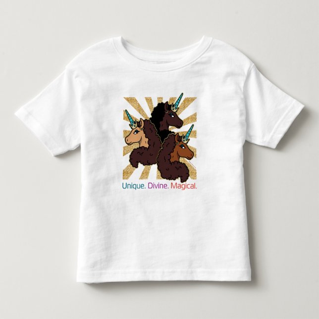 Camiseta De Bebé Trío Afro Unicornio: único, divino y mágico (Anverso)