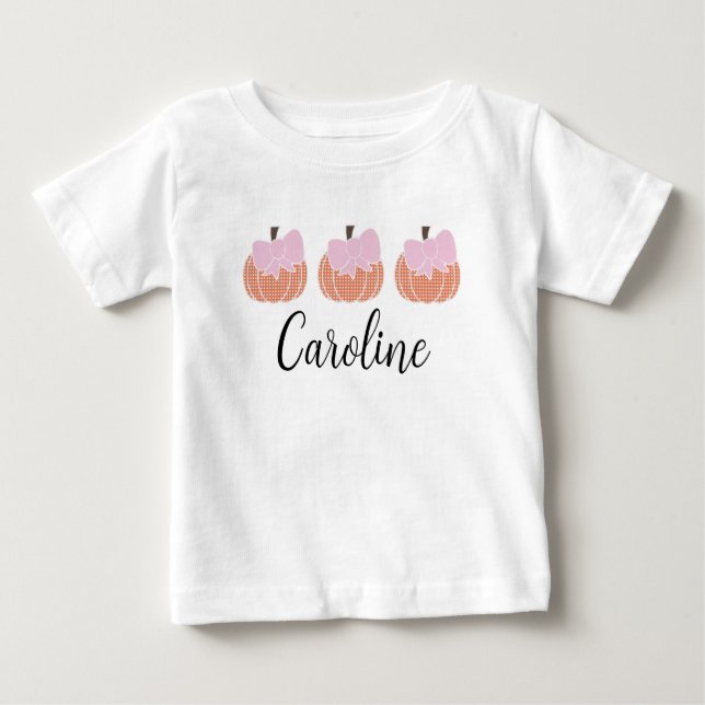 Camiseta De Bebé Trío De Calabazas De Cuadro Naranja Con Lazos Rosa (Anverso)