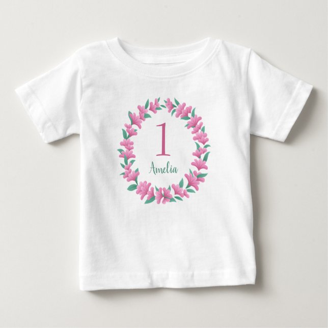 Camiseta De Bebé Un año Chica de cumpleaños bebé floral rosa  (Anverso)