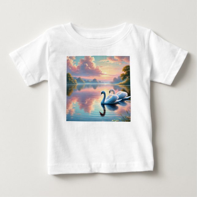 Camiseta De Bebé Un par de cisnes deslizándose en un sereno lago (Anverso)