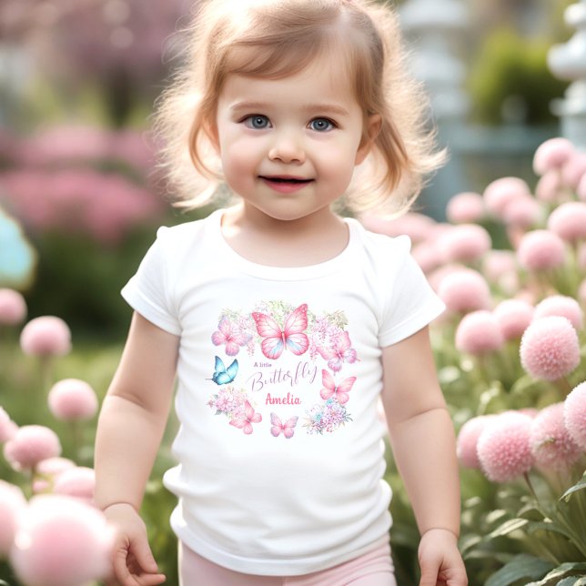 Camiseta De Bebé Un pequeño nombre de verano morado rosado de marip (A Little Butterfly Pink Purple Floral Summer Name Toddler T-shirt)