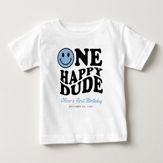 Camiseta De Bebé Un tío feliz Blue Smile Face Boy primer cumpleaños (Anverso)
