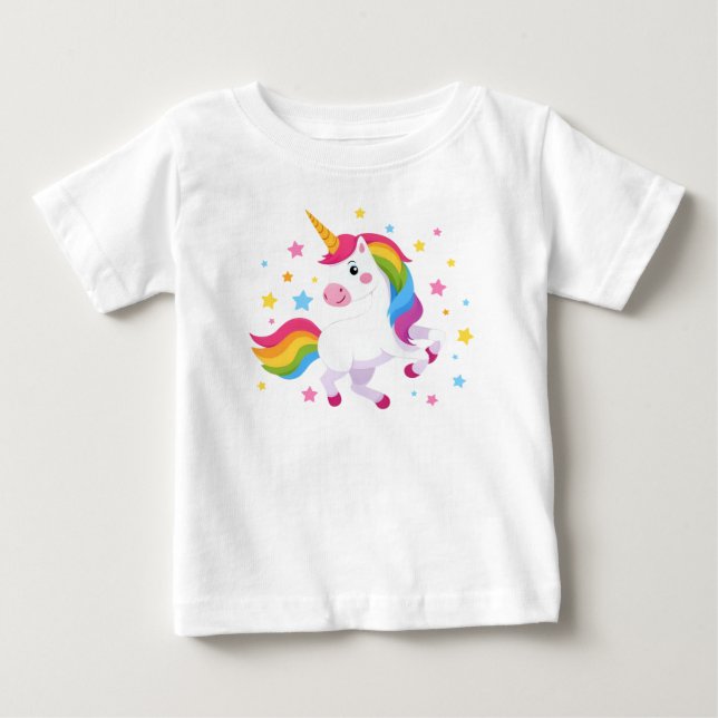 Camiseta De Bebé Unicornio de Arcoíris Volador Con Estrellas (Anverso)