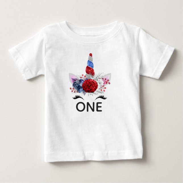 Camiseta De Bebé Unicornio Patriótico Rojo, Blanco y Azul (Anverso)
