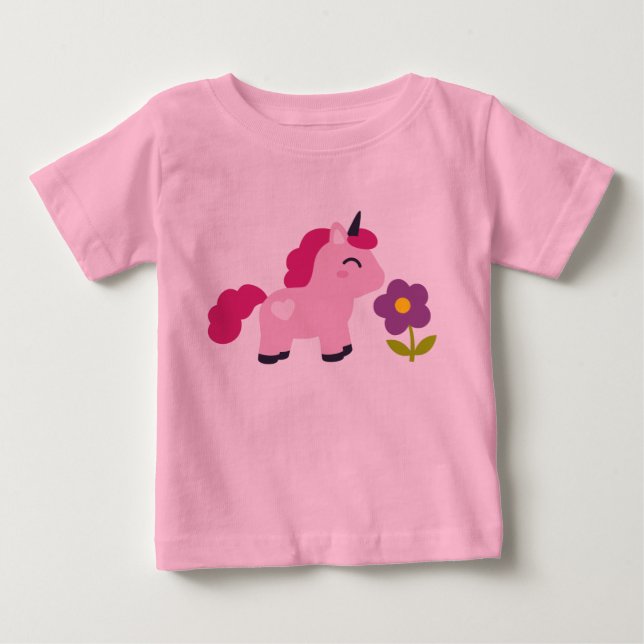 Camiseta De Bebé Unicornio Rosa Lindo con una Flor (Anverso)