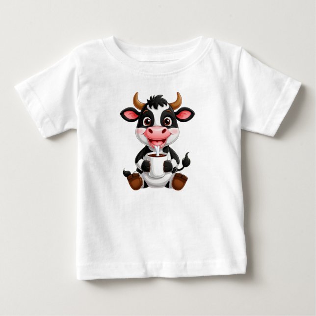 Camiseta De Bebé Vaca de dibujos animados alegres bebiendo leche (Anverso)