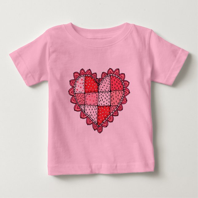 Camiseta De Bebé Valentine's Doodle Art Style Faux Patchwork Heart  (Anverso)