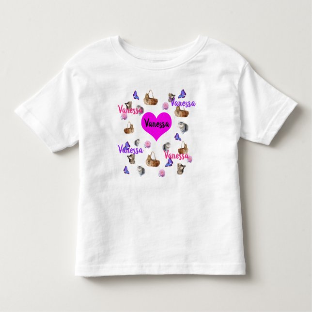 Camiseta De Bebé Vanessa Nombre Con Gatos Y Mariposas, (Anverso)