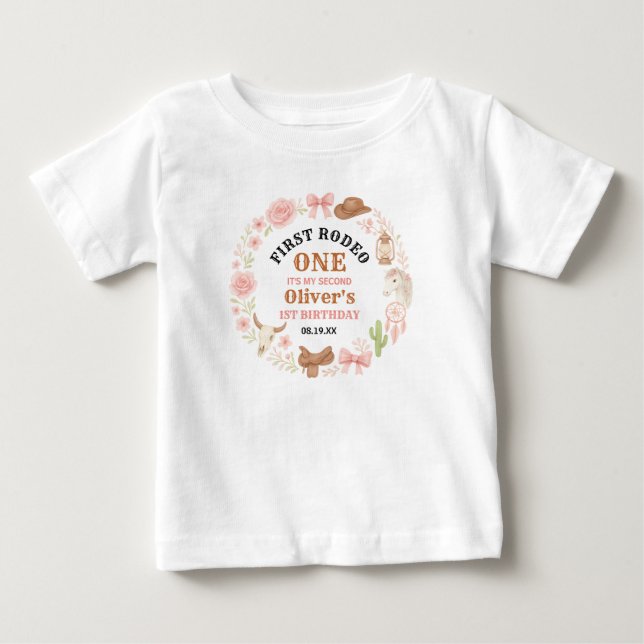 Camiseta De Bebé Vaquera Coqueta del Oeste Cumpleaños 1 Rosa Lindo (Anverso)