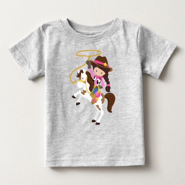 Camiseta De Bebé Vaquera, Sheriff, Caballo, Lazo, Cabello Castaño (Anverso)