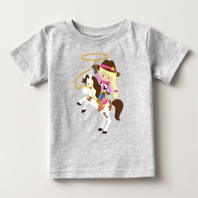 Camiseta De Bebé Vaquera, Sheriff, Caballo, Lazo, Cabello Rubio (Anverso)