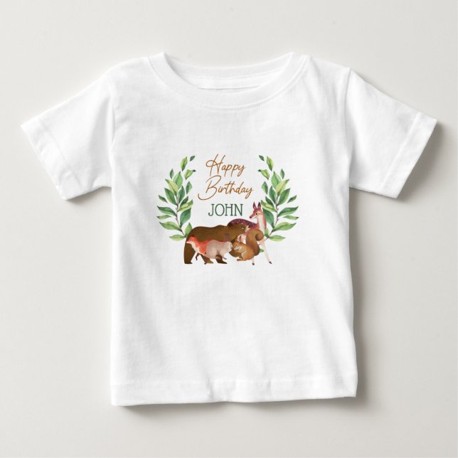 Camiseta De Bebé Verdor Bosque de Woodland Animales Felices Cumplea (Anverso)