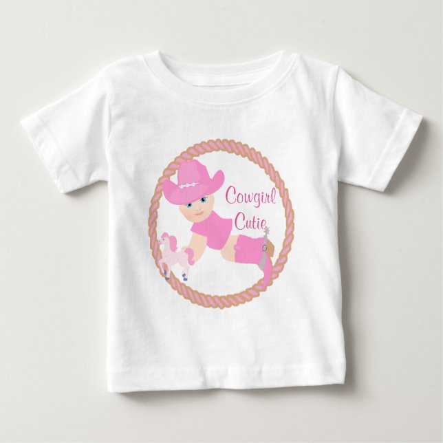 Camiseta De Bebé Vestido de vaquera bebé con sombrero rosa, botas y (Anverso)