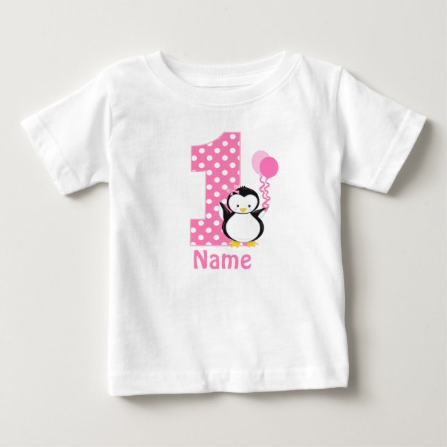Camiseta De Bebé Vestido personalizado pingüino del rosa del chica (Anverso)