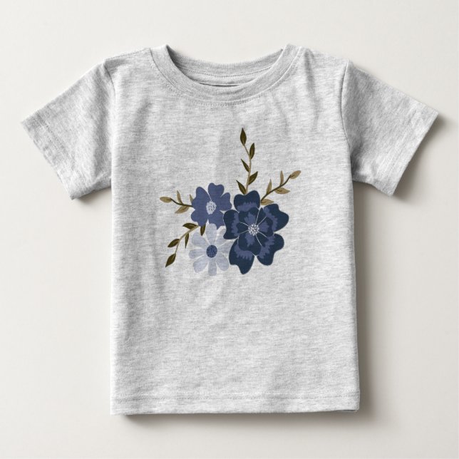 Camiseta De Bebé Vinos de flores vectoriales azules ilustradas (Anverso)