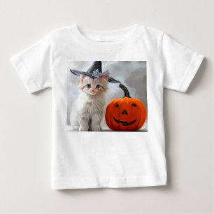Camiseta De Bebé Vintage Halloween White Kitten y Jack-o'-lantern