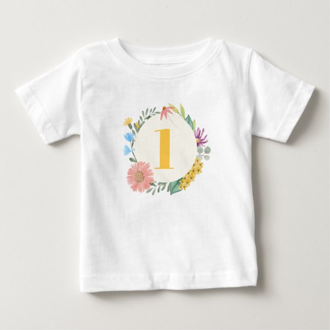 Camiseta De Bebé Watercolor Flor silvestre Primera Cumpleaños (Anverso)