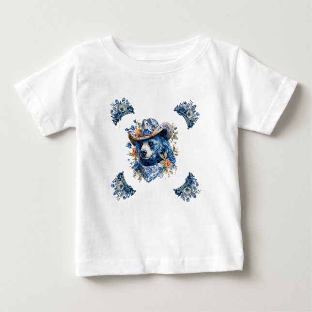 Camiseta De Bebé Western Cowboy Bear - Blue Bear with Floral Bandan (Anverso)