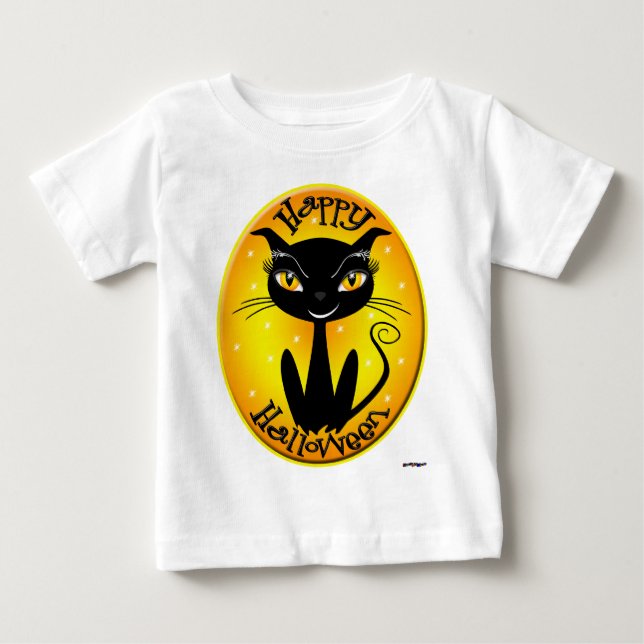 Camiseta De Bebé Whimsical Happy Halloween Cat con estrellas (Anverso)