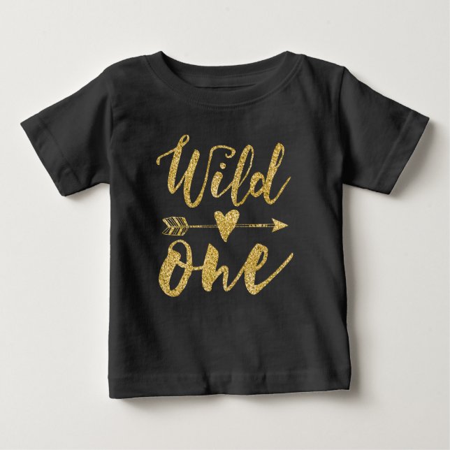 Camiseta De Bebé Wild One | 1 Cumpleaños Negro y Dorado (Anverso)