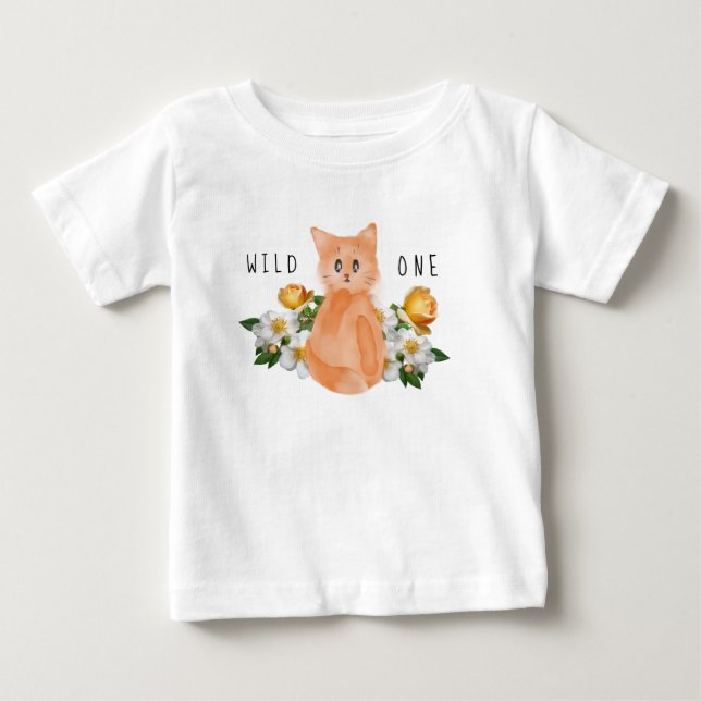 Camiseta De Bebé Wild One - Gato bebé y flores Primer cumpleaños (Anverso)