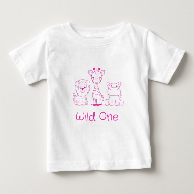 Camiseta De Bebé "Wild One" Jirafa, León, Hipopótamo Contorno Rosa (Anverso)