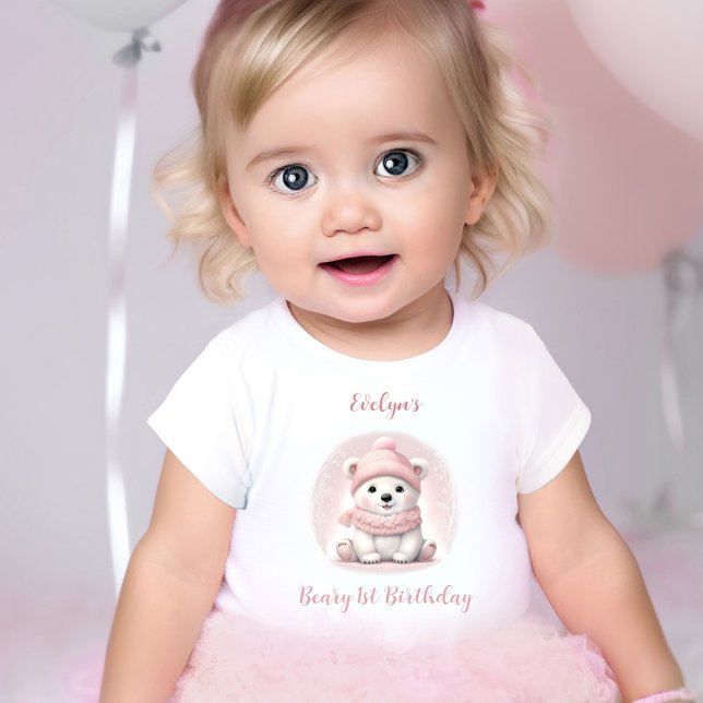 Camiseta De Bebé Winter Beary 1er cumpleaños Chica de oso polar ros (Winter Beary 1st Birthday Pink Polar Bear Girl Baby T-Shirt)