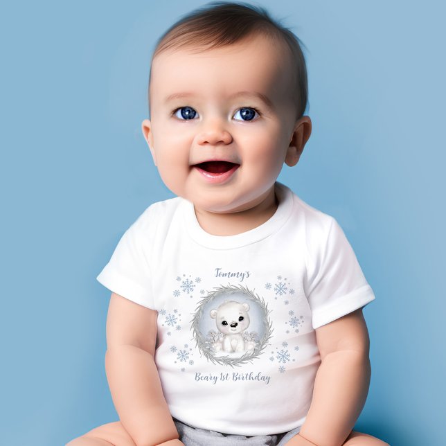 Camiseta De Bebé Winter Boy Beary 1er cumpleaños Cute Oso Polar Azu (Winter Boy Beary 1st Birthday Cute Blue Polar Bear Baby T-Shirt)