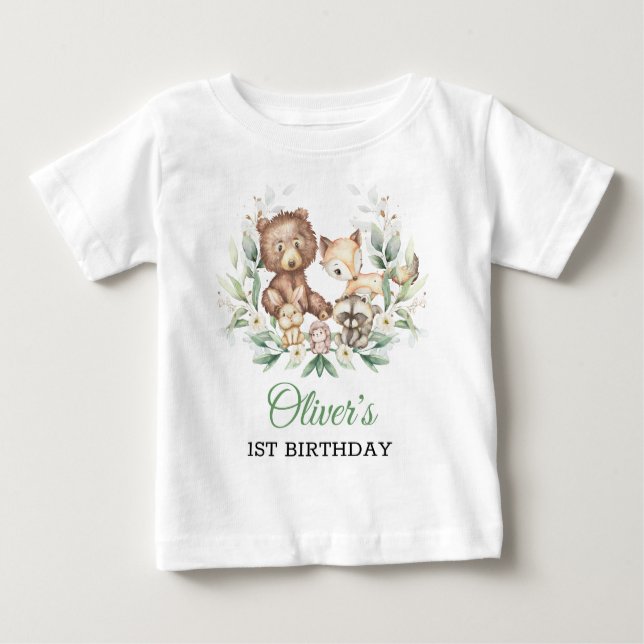 Camiseta De Bebé Woodland Animals Leafy Greenery Primer Niño Cumple (Anverso)