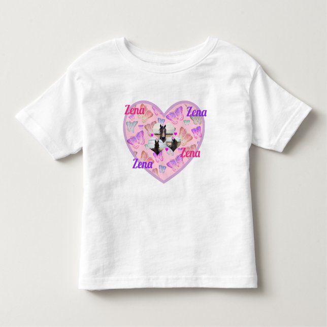 Camiseta De Bebé Zena nombre con caballos y mariposas, (Anverso)
